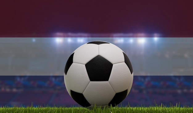 Soccer football ball on a grass pitch in front of stadium lights and netherlands flag 3D Rendering