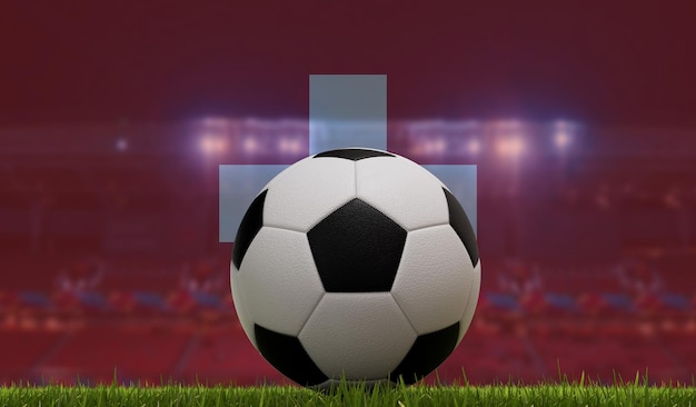 Soccer football ball on a grass pitch in front of stadium lights and switzerland flag 3D Rendering