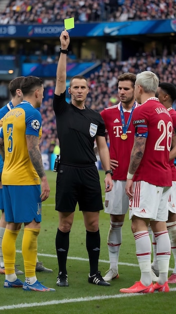 Soccer Football Championship Match Referee Sees Foul Gives Signal and Yellow Card Players Circle