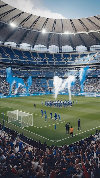 Soccer Football Championship Stadium with Crowd of Fans Blue Team Attacks Scores Goal Players Ce