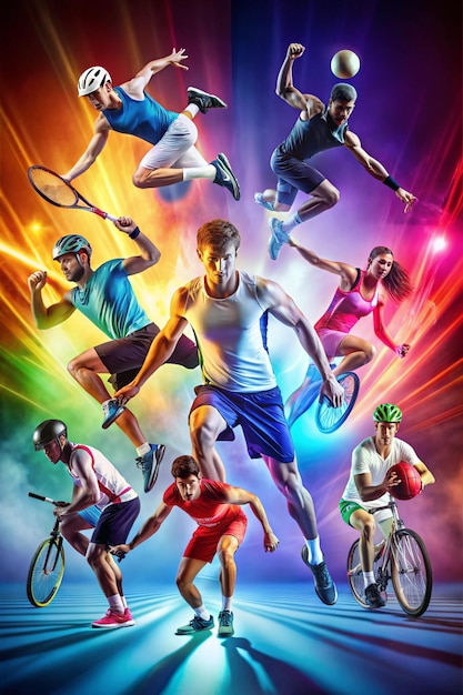 Photo soccer football cycling tennis athletics collage of professional sportsmen in action and motion isolated on multicolored background in neon light flyer advertising