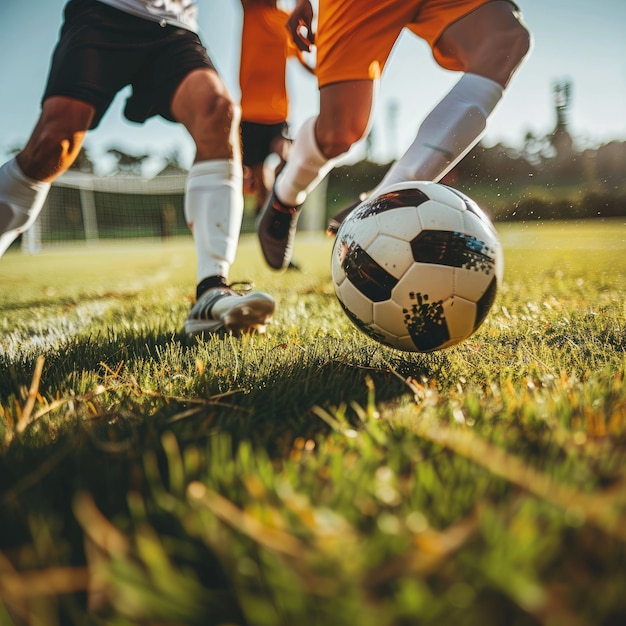 Photo soccer game action closeup of ball and players movement