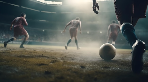 A soccer game with a player on the field and a crowd of people watching.