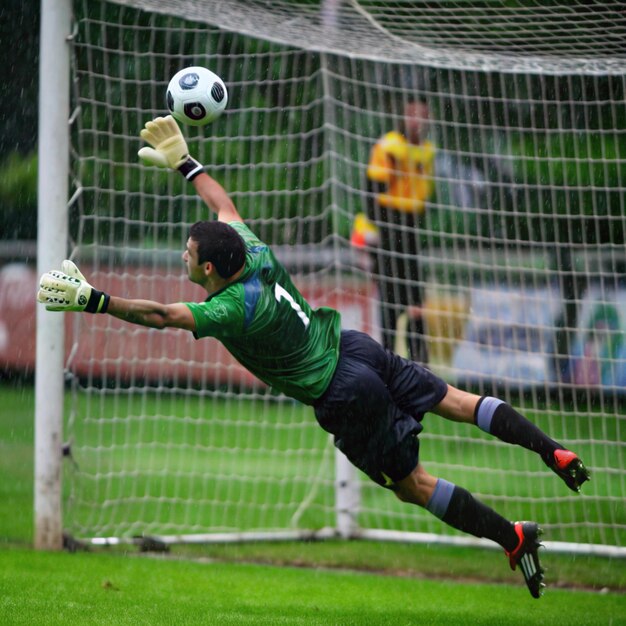 a soccer goalie is diving for the ball in the air