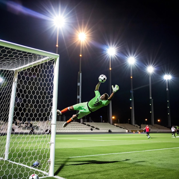 a soccer goalie is diving into the goal line