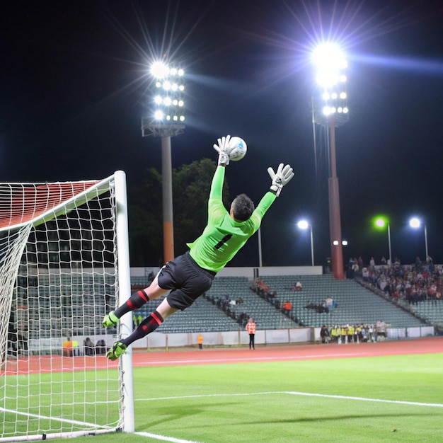 a soccer goalie is jumping in the air with the ball in his hand