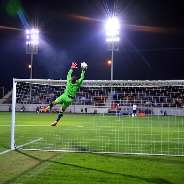 a soccer goalie jumps to catch a ball in front of a goal