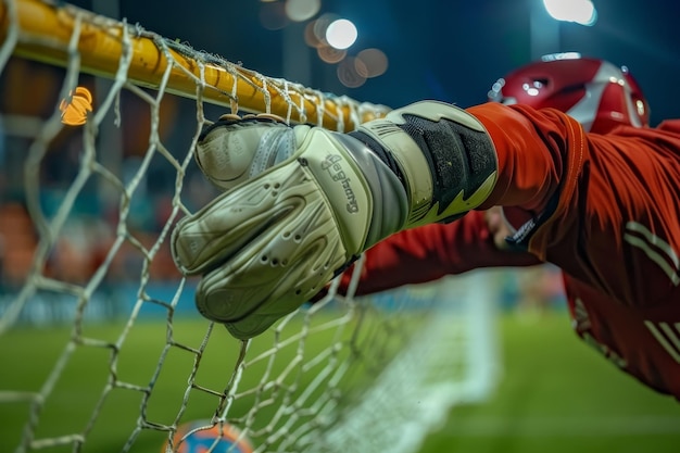 Photo a soccer goalies glove and ball in the net after a save attempt during a game a goalie preparing to make a save