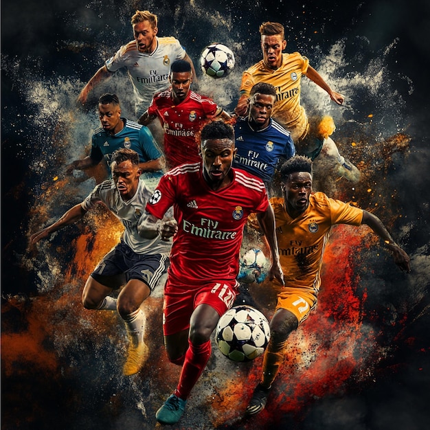 Photo a soccer leagues promotional poster featuring star players from different teams in action