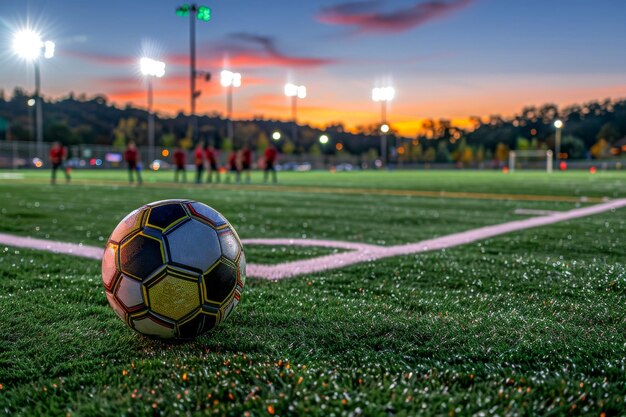 A soccer match commences at dusk captured through the perspective of a ball on the field with vibrant sunset and floodlights in the background