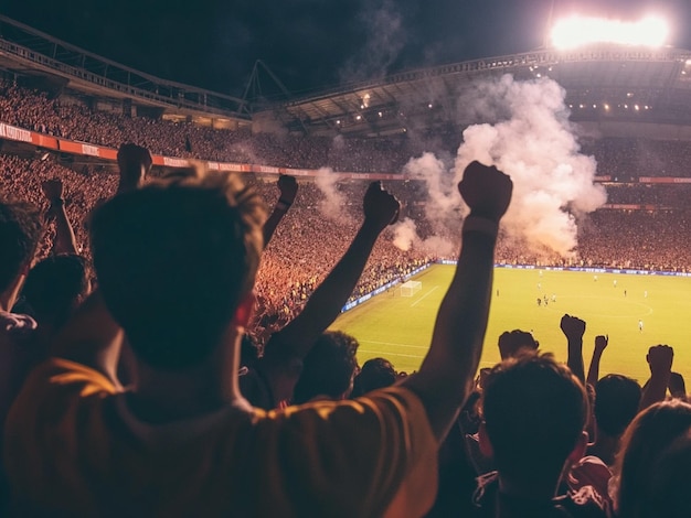 Photo soccer at night crowd cheering loudly in stadium