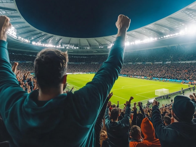 Photo soccer at night crowd cheering loudly in stadium