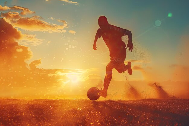 Soccer Player in Action Against a Sunrise Background