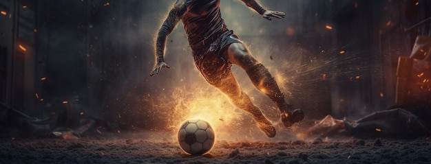 Soccer player in action on dark background with firegenerative ai