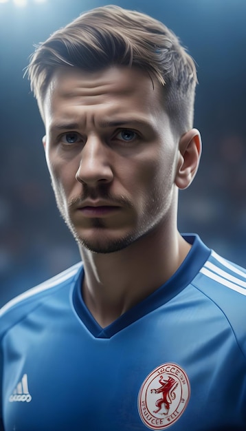 a soccer player in a blue jersey the jersey is solid blue and the background is white