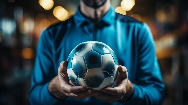 Soccer player holding soccer ball. Generative Ai