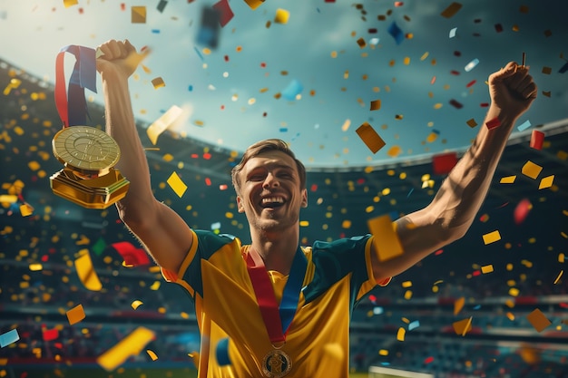 Soccer Player Holding Trophy and Confetti