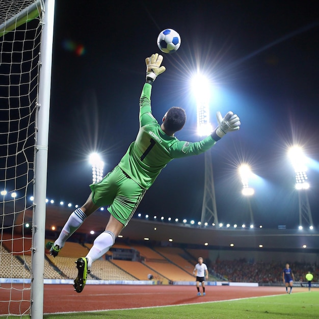 a soccer player is jumping in the air and is about to catch the ball