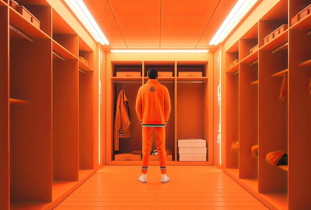 Photo a soccer player is in an orange closet in the style of orderly arrangements