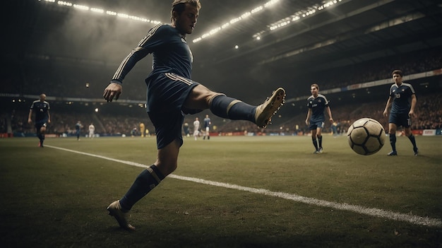 Photo soccer player kicking ball during highstakes match