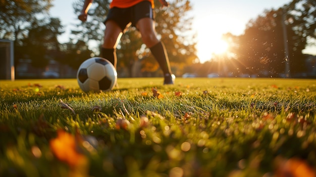 A soccer player kicking the ball on a field during a match