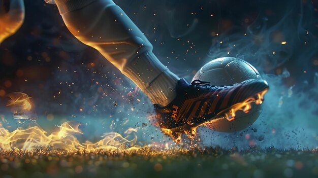 Photo soccer player kicking the ball on the field at night closeup