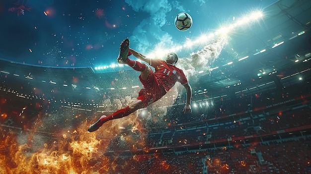 Soccer Player Kicking a Ball into Space from a Stadium