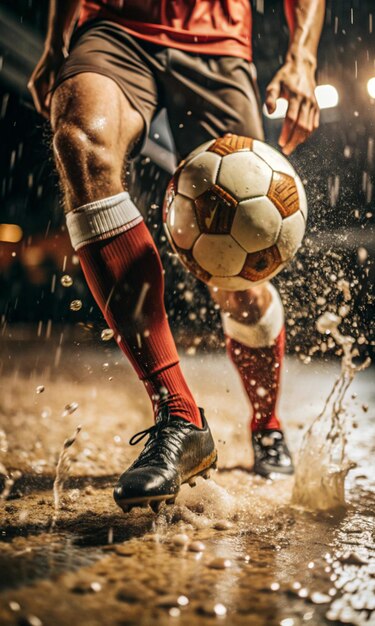 Photo soccer player kicking a ball in the rain