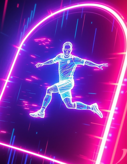 Photo soccer player kicking foodball with neon light action player