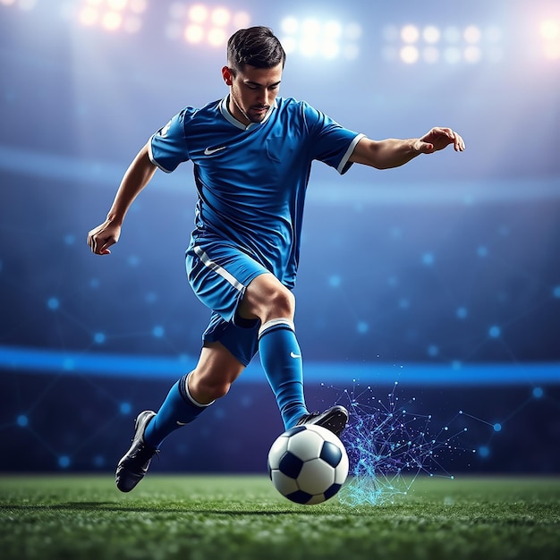 Soccer player kicking foodball with neon light Action player