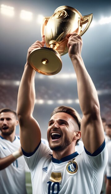 A soccer player lifts the trophy celebrating the victory Plain white shirt with no pattern