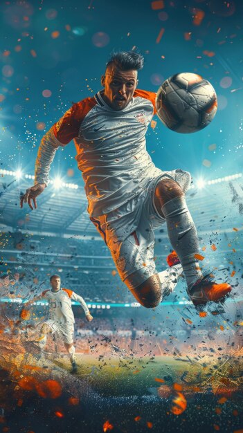 Photo soccer player in midair kicking the ball