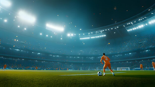 Photo a soccer player in an orange uniform is about to kick a ball