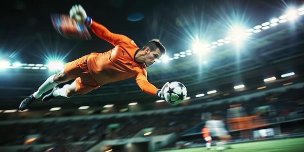 a soccer player in an orange uniform is jumping in the air