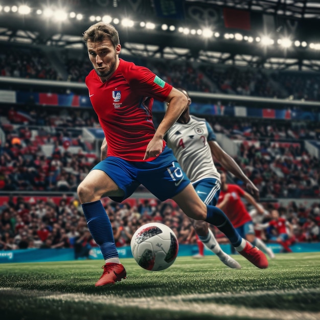 a soccer player in a red shirt is kicking a soccer ball