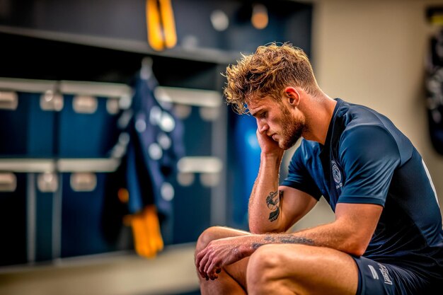 Photo soccer player reflecting after a tough match in locker room