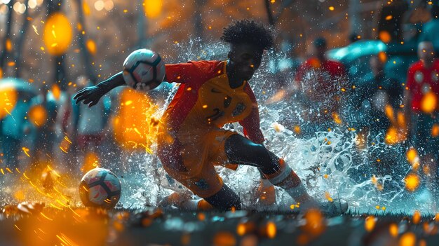 Photo soccer player in a splash of water and light illustration