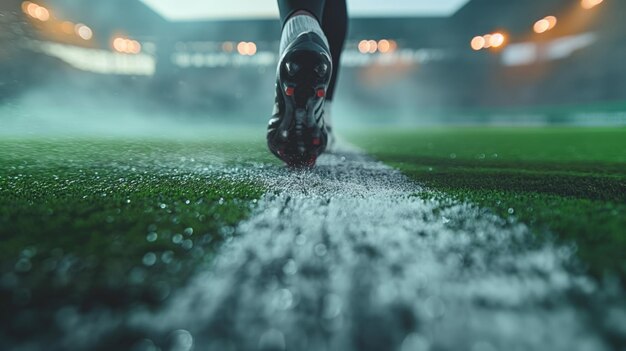 Photo soccer player stepping on the wet field line in a stadium