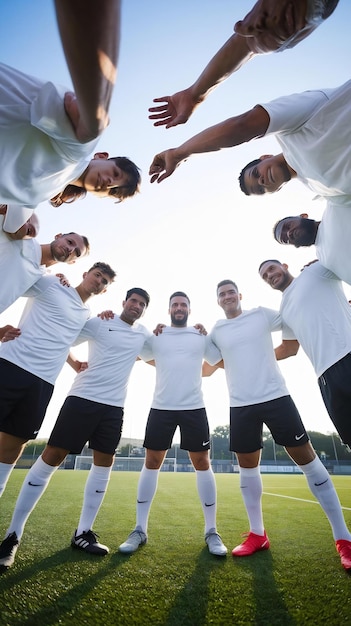 Photo soccer player team and portrt in low angle field and together with hug for trning exercise and work