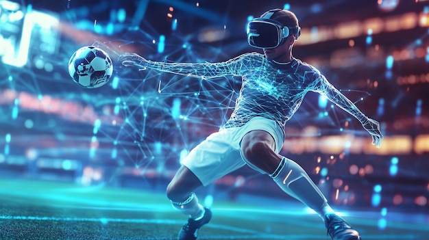 Soccer player wearing vr headset experiencing virtual reality augmented reality metaverse