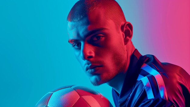 Soccer player with ball on blue studio background in neon light