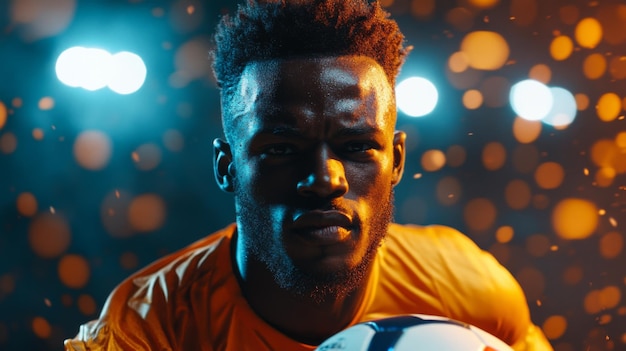 Soccer Player with Ball Under Stadium Lights