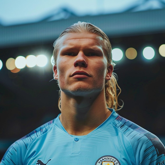 Photo a soccer player with blonde hair and a blue and yellow shirt