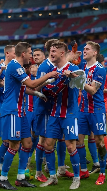 Soccer players celebrating victory