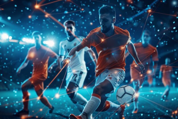 Soccer players in a heated match with a dynamic network of lights and particles surrounding them