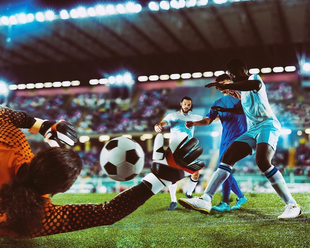 Soccer players play against the opposing team with soccerball at the stadium