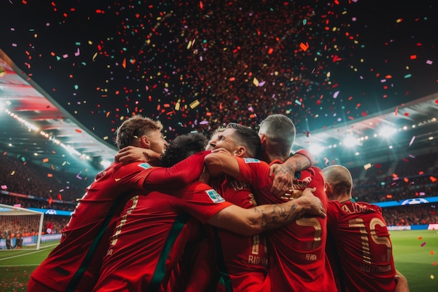 soccer players in red and white are celebrating with confetti in the background