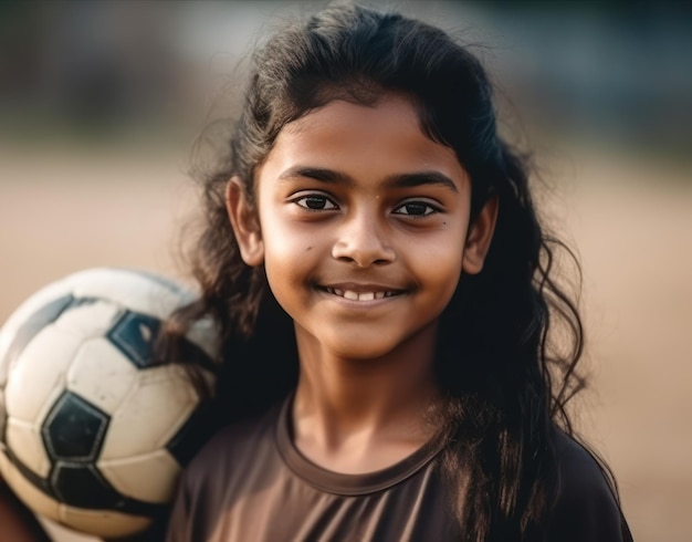 Soccer sports and happy indian girl athlete holding a sport ball on a school field portrait of fitness football and exercise of a child smile excited about training workout and game motivation