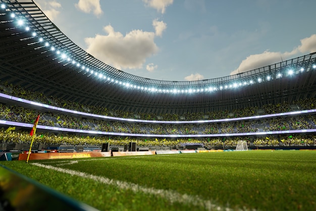 Soccer stadium evening arena with crowd fans 3D illustration. High quality 3d illustration