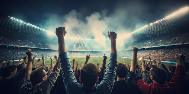 In a soccer stadium lights illuminate the exuberant scene as fans cheer passionately creating an electrifying atmosphere of excitement AI Generative AI